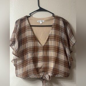 Chic Plaid V-Neck Blouse - Brown and Cream